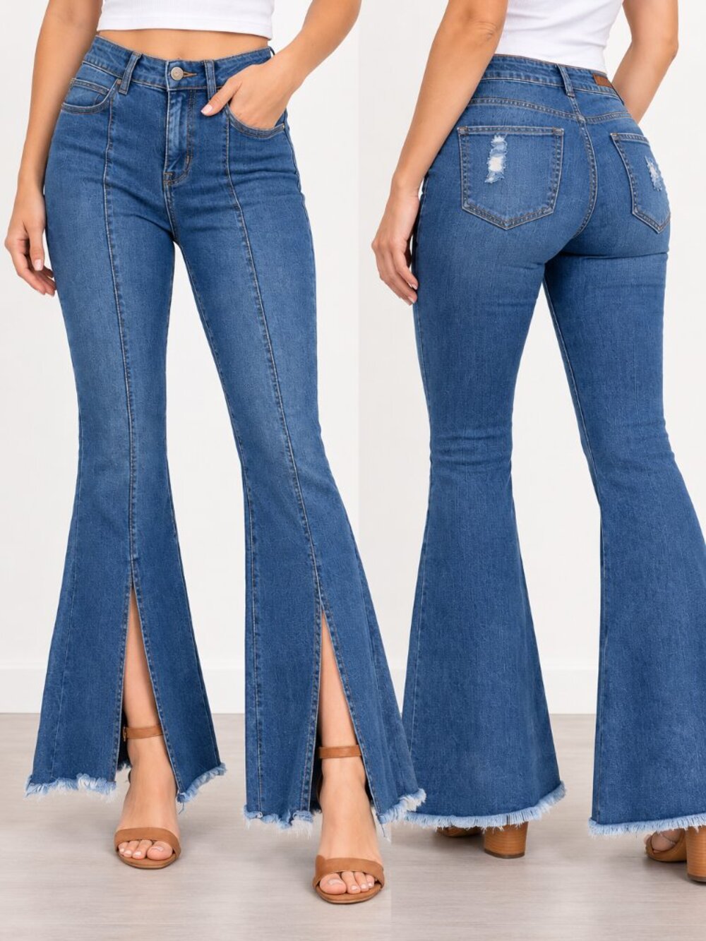 Colombian Push Up Flare Jeans Blue Denim Frayed Slit Hem Size 3